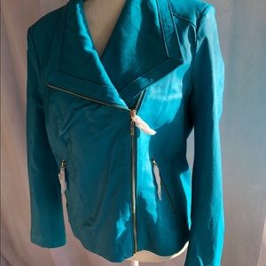 NWT IMAN genuine turquoise leather moto jacket